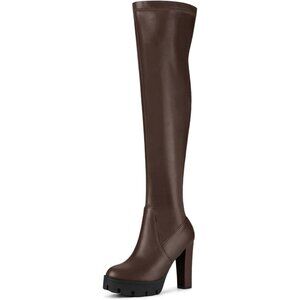 Women's Coffee Platform Boots Chunky Heel Over Knee High Rounded Toe Long Boots